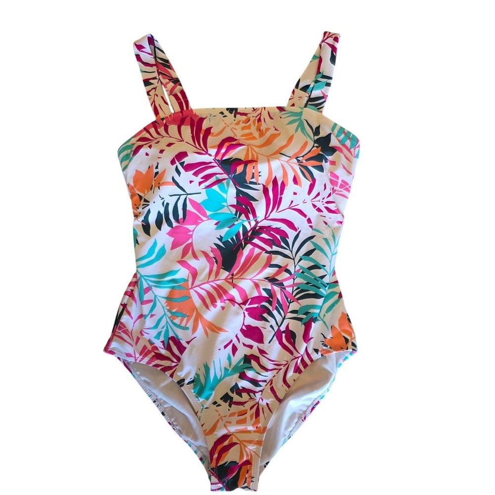 Eddie Bauer One Piece Swimsuit L Womens White Tropical Padded Adjustable Strap